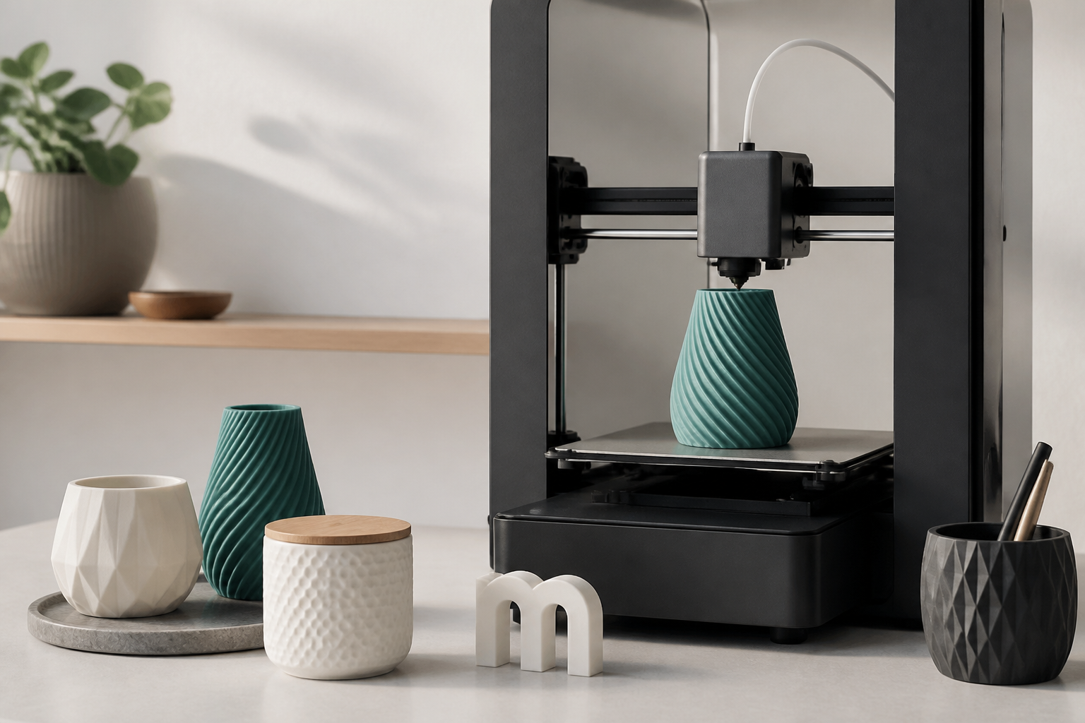 Mesa de trabajo minimalista con impresora 3D y piezas personalizadas impresas.